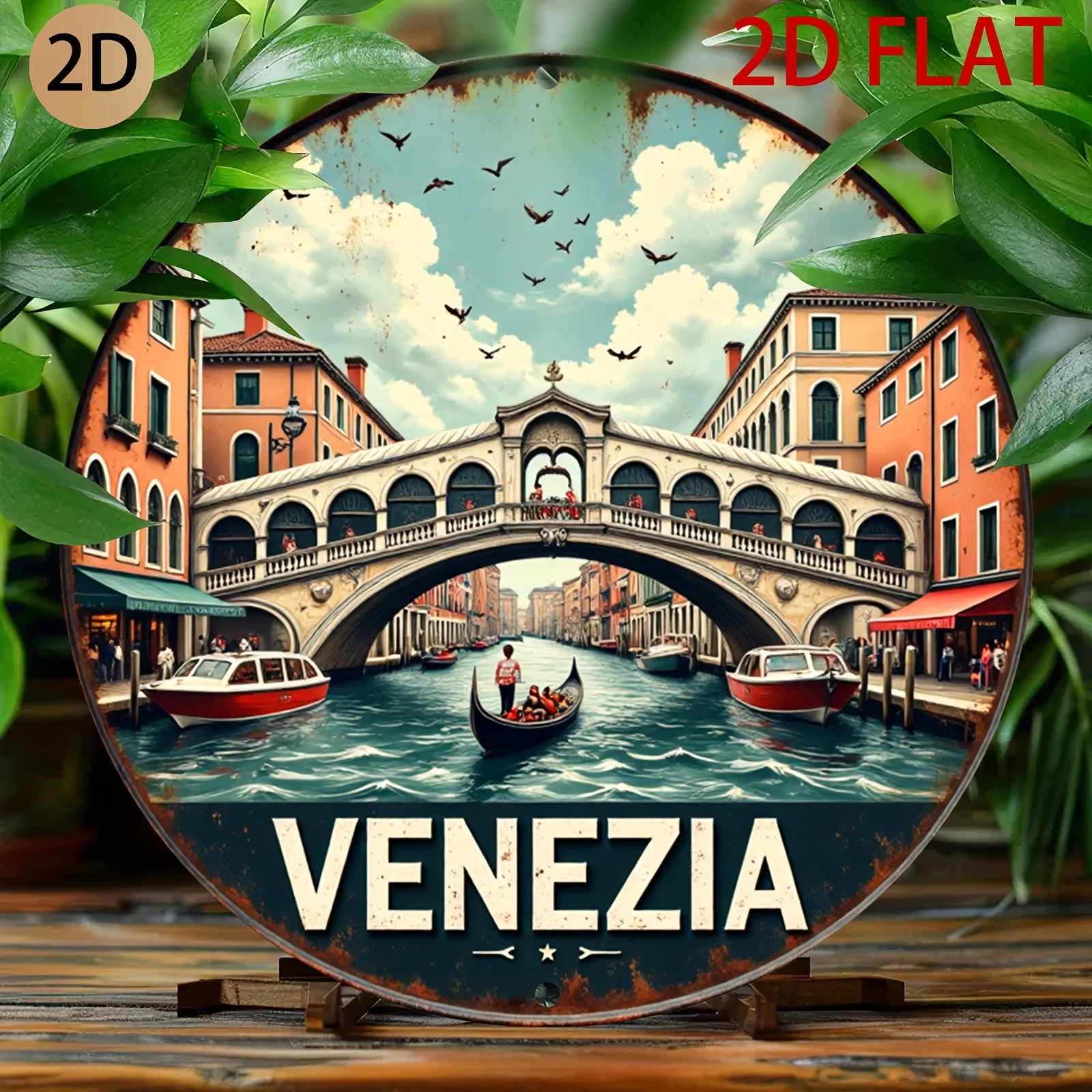 Décoration murale en métal vintage Venise Italie - Affiche de voyage rétro avec le Pont Rialto et les gondoles - Plaque en étain sur le thème de la ville italienne