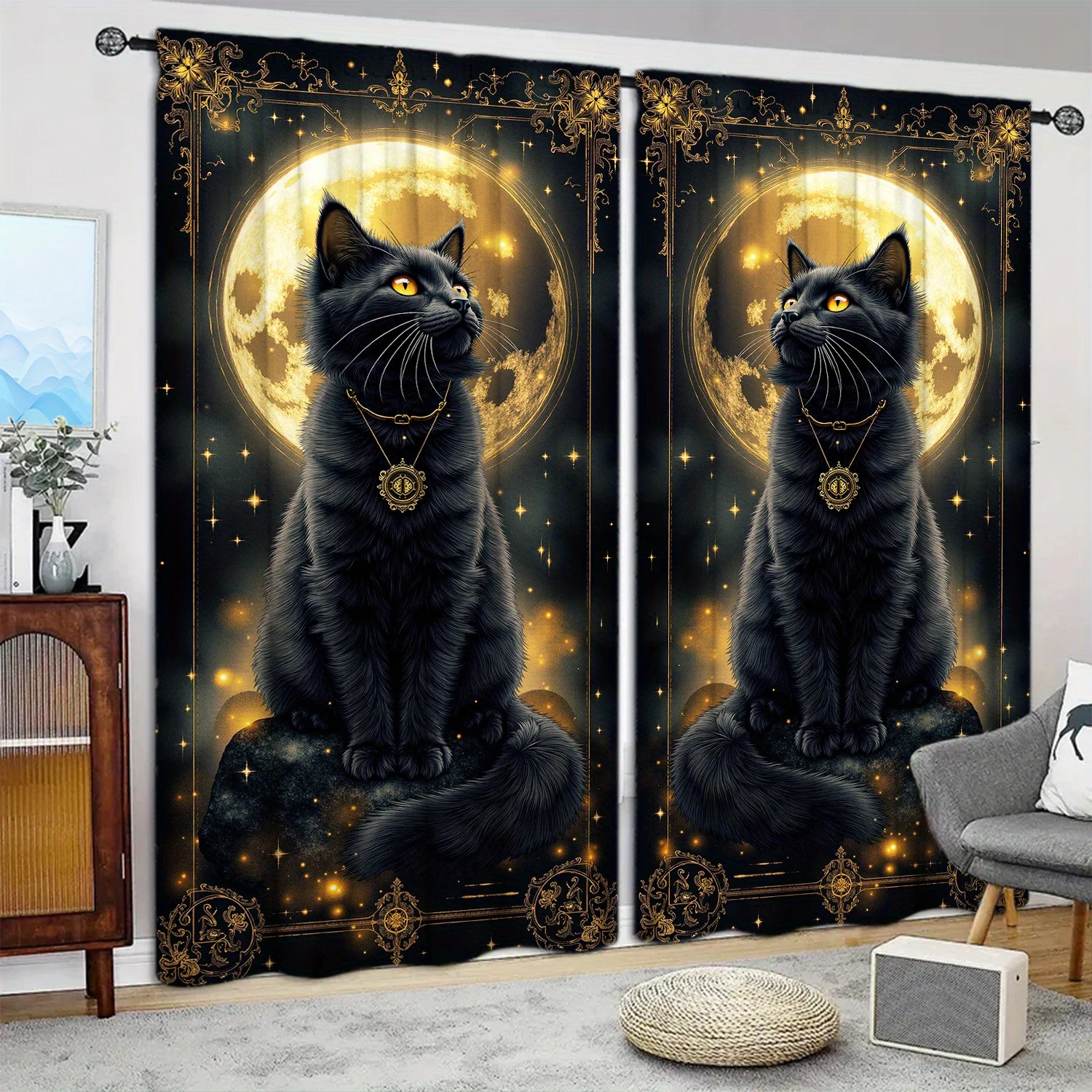 Mystical Black Cat Moonlit Portrait Curtains for Living Room Bedroom Gothic Decor Tapestry