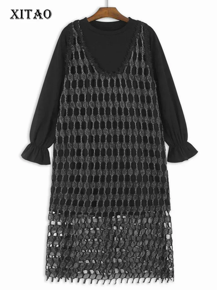 

XITAO Solid Color Pullover Long Sleeve Dress V-neck Hollow Out Sleeveless Vest O-neck Long T-shirts Dresses 2025 Spring LJ1031