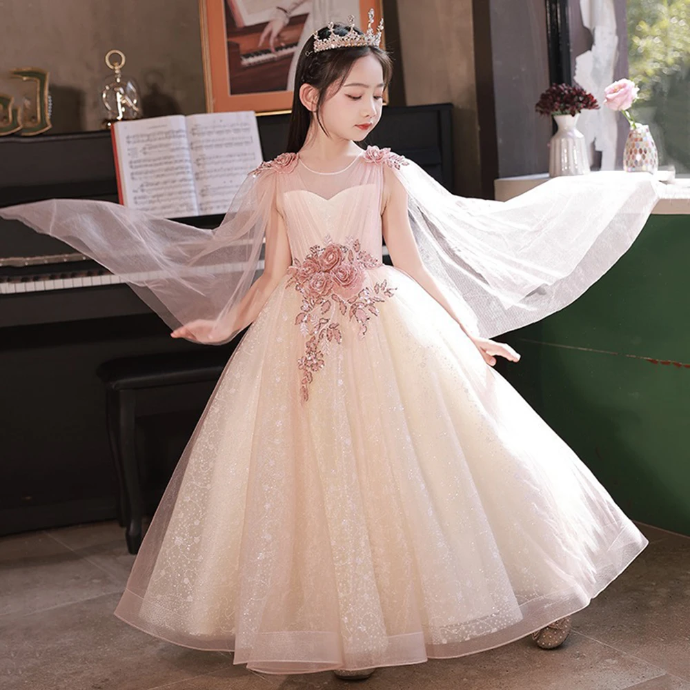 3-10T Girl's Light Luxury Fairy Style Princess Dress Tulle Drape Appliques Children's Piano Performance Birthday Party Vestido