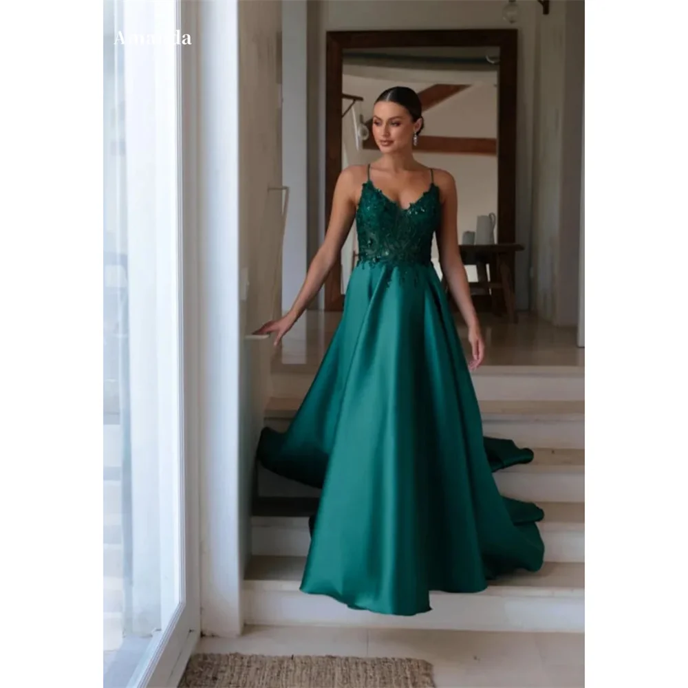

Amanda Satin Spaghetti Strapless A-Line robes de soirée Floor-Length Backless Evening Dresses Wedding Party Lace Wedding Dress