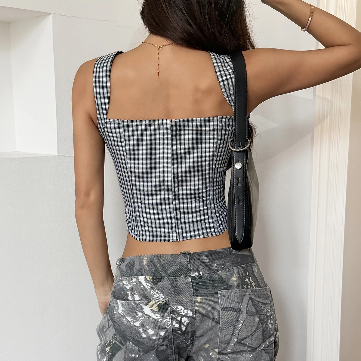 Women Sexy Plaid Lace Up Fashion Square Collar Tops Nightclub Young Girl's Going Out Top Party Celebrate Summer Clothing