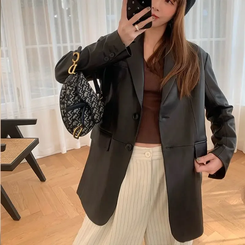 어깨 패드 포함, 중간 길이 가죽 여성 봄 새 워시 가죽 루즈 윈드 브레이커 재킷 가죽 정장 재킷 J136