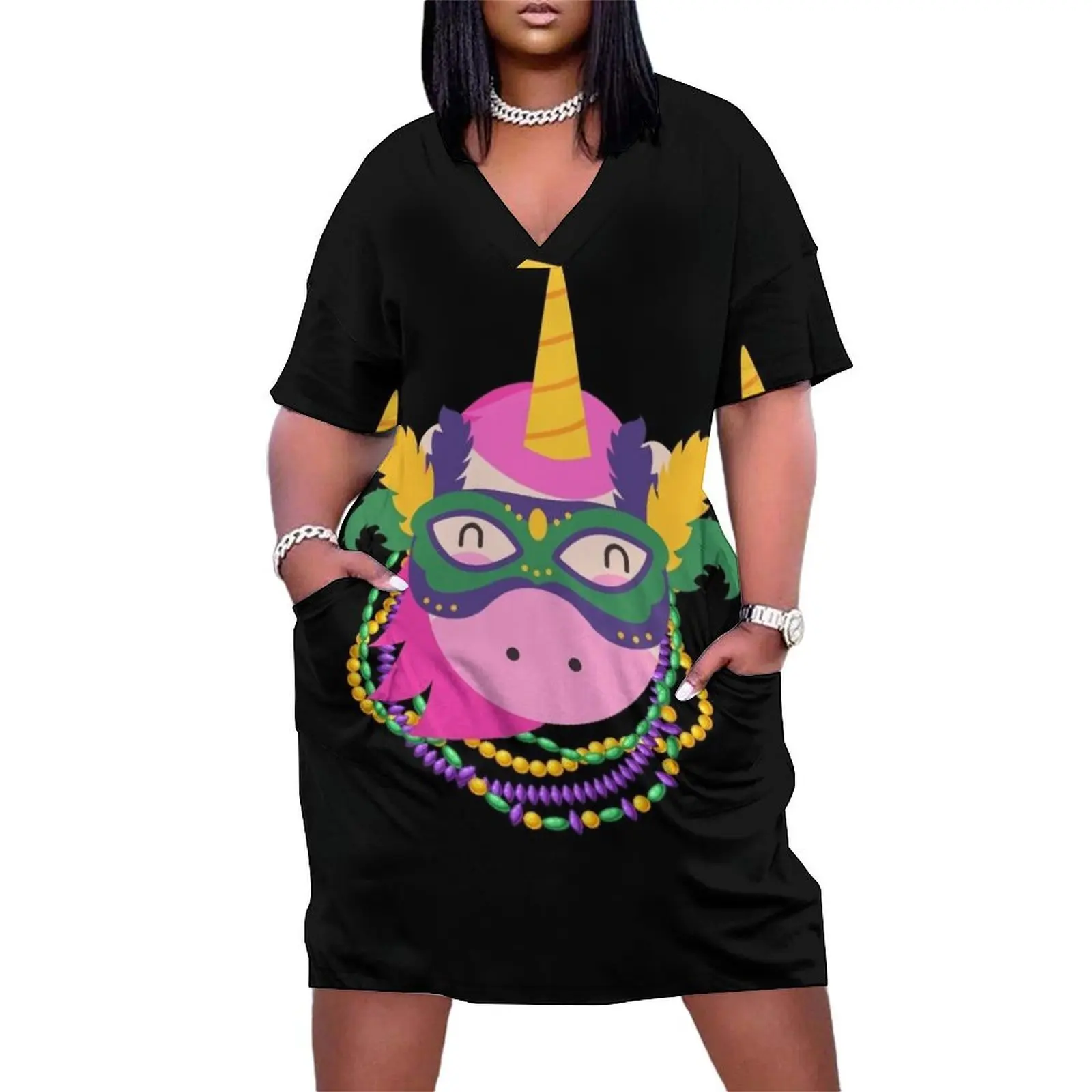 

Mardi Gras Unicorn - Funny Colorful Mardi Gras Unicorn For Unicron Lovers Loose Pocket Dress dresses with long sleeves