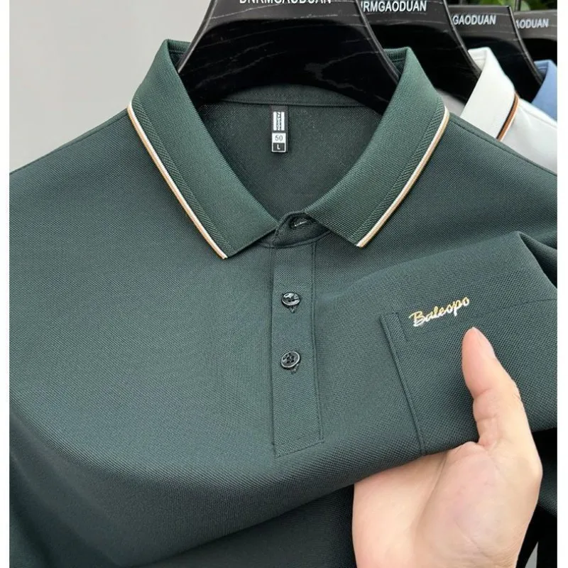 Men Business Casual Dark Green Solid Polo Shirt Short Sleeve Contrast Collar Lapel Chest Pocket Daily Wear Tops
