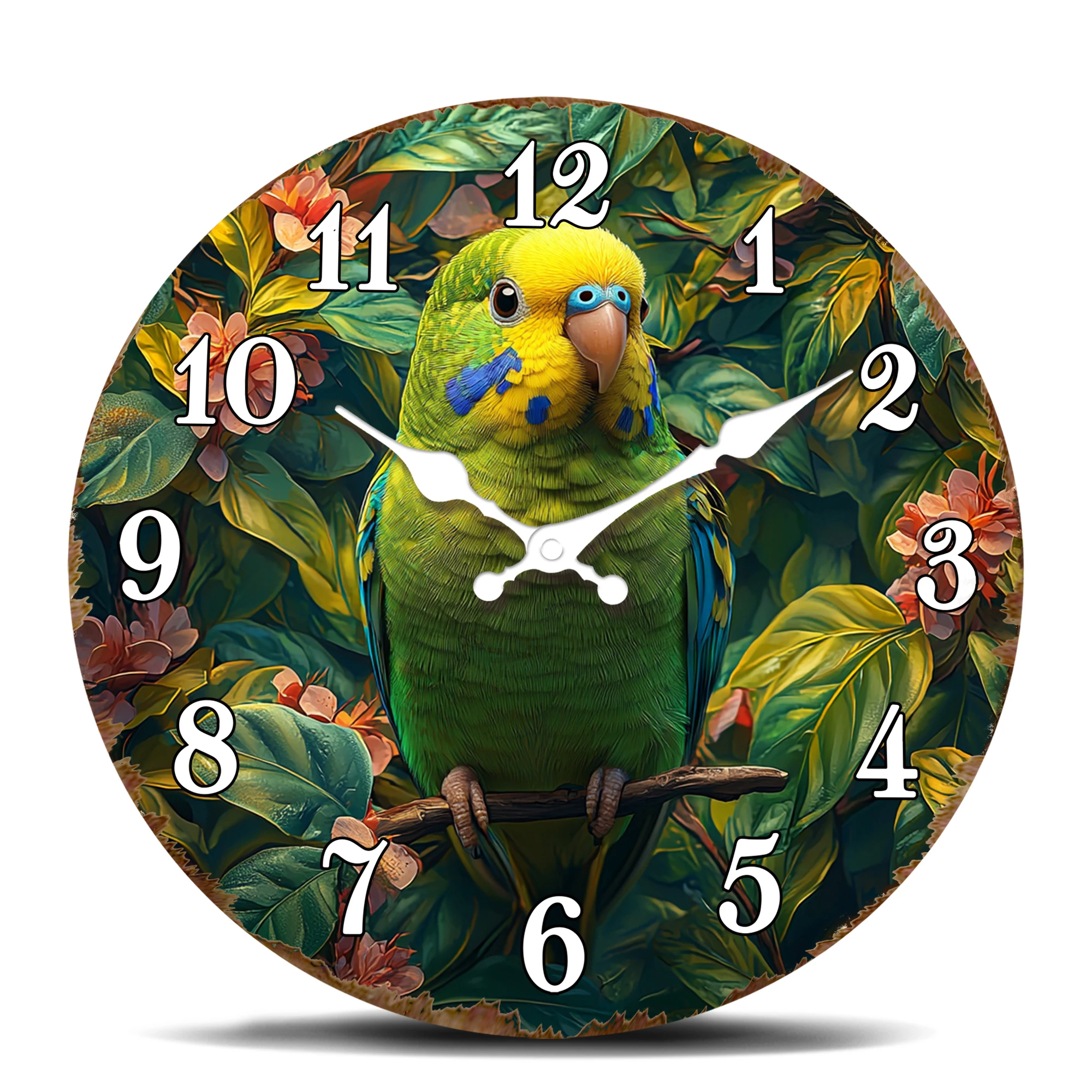 Tropische Wellensittich-Papagei, runde Wanduhr, bunter Vogel auf Ast-Design, wasserdichte Antibeschlag-Glasabdeckung, dekorative Wanduhr