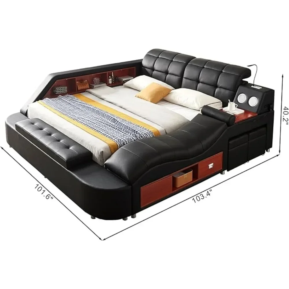 Multifunctional King Bed Frame,Smart Bed with Massage Recliner on Right Speaker/Storage Drawers,Adjustable Leather Up Headboard