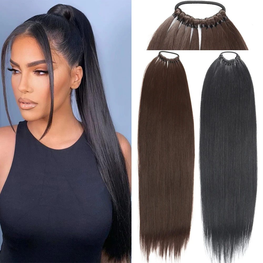 

Synthetic Long Straight Ponytail Hair Extensions 24 Inch Black Brown Rubber Band Pony Tail Hairpiece For Women Daily Use