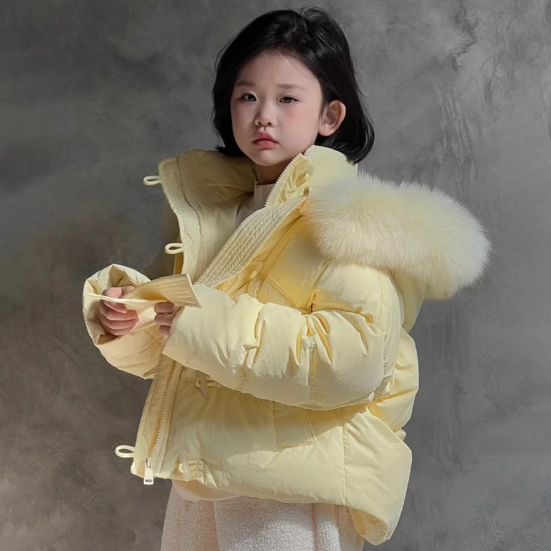 Girls Winter Jackets Kids Thickened Warm Down Coats Children's Fur Collar Hooded Outerwear 2025 New Teenager Shorts Parka 4-14Y