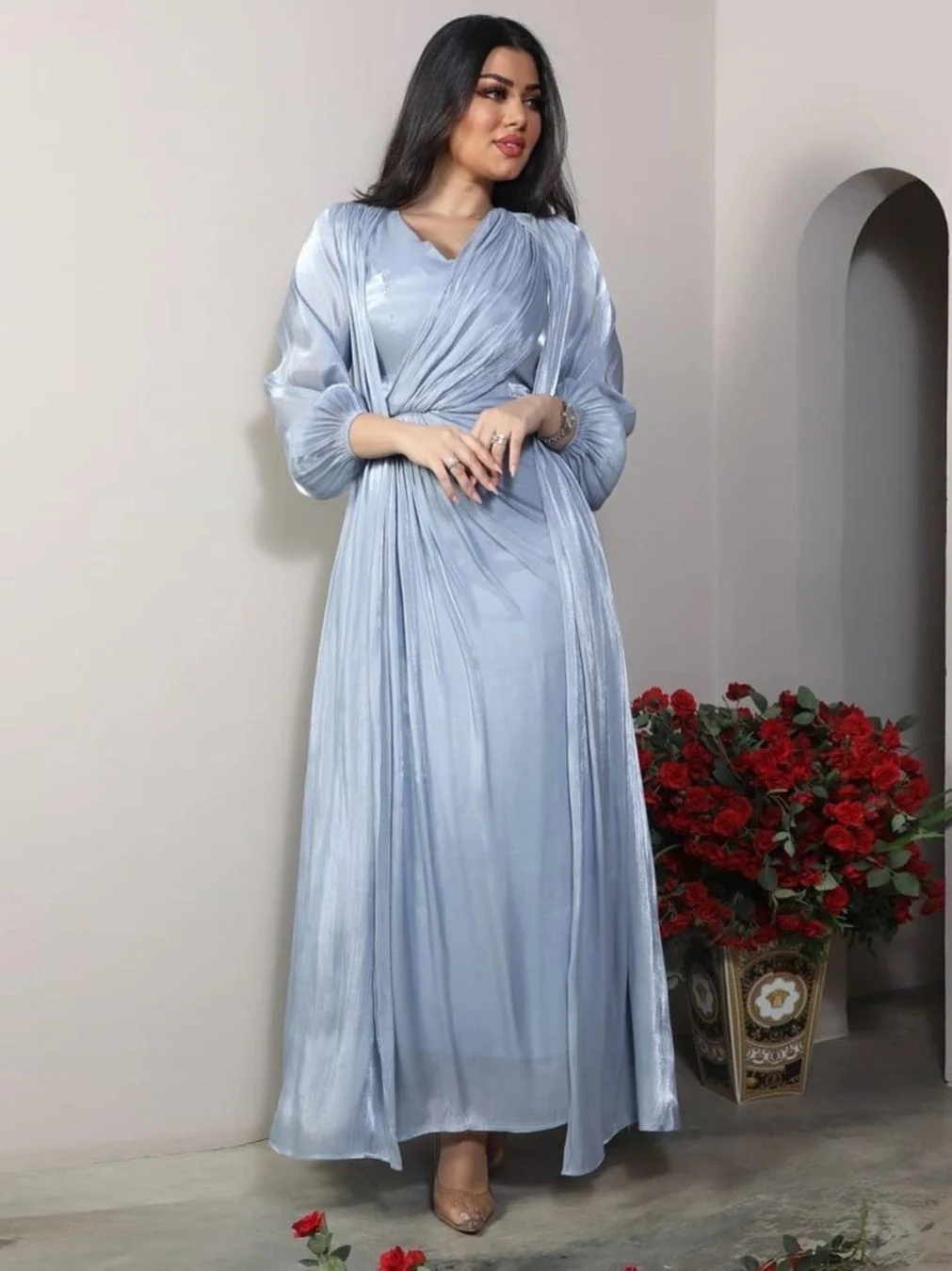 Summer Sheer Satin 2 Piece Abaya Set Long Sleeves Kimono+Sleeveless Dress Dubai Saudi Robe Party Evening Muslim Women Outfit Eid