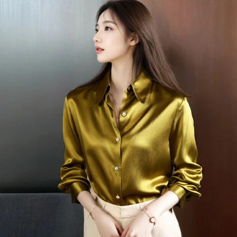 High Quality Silk Satin Women\'s Shirt Office Ladies Long Sleeve Blouses Polo Neck Gold shirt Button Luxury Casual women tops