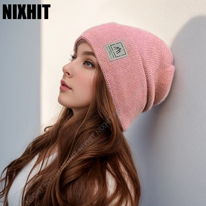 NIXHIT New Plus Velvet Thicken Knitted Beanie Warm Skullies Beanies Men Winter Hat Knitted Hats Casual Riding For Men Cap Women