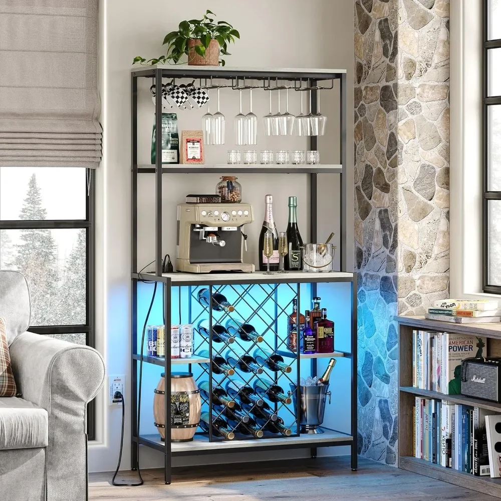 Wine cabinet with electrical outlet and LED lights & LED Lights, 5-Tier Industrial Wine Bar Cabinet Home Bar Furniture