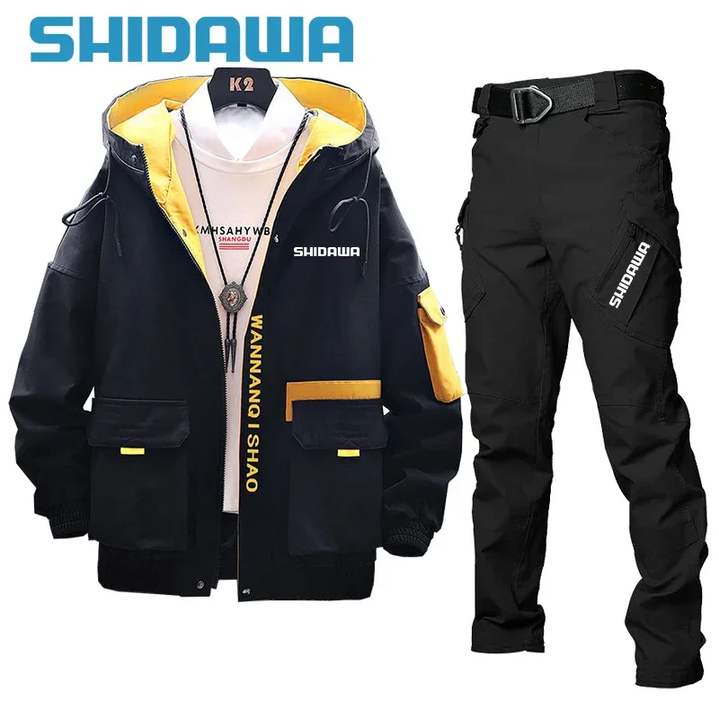 Men's Spring Autumn Fashion Thin Fishing Suit Leisure Outdoor Sports Hooded Jacket+summer Trousers Two-piece Hiking Fishing Suit