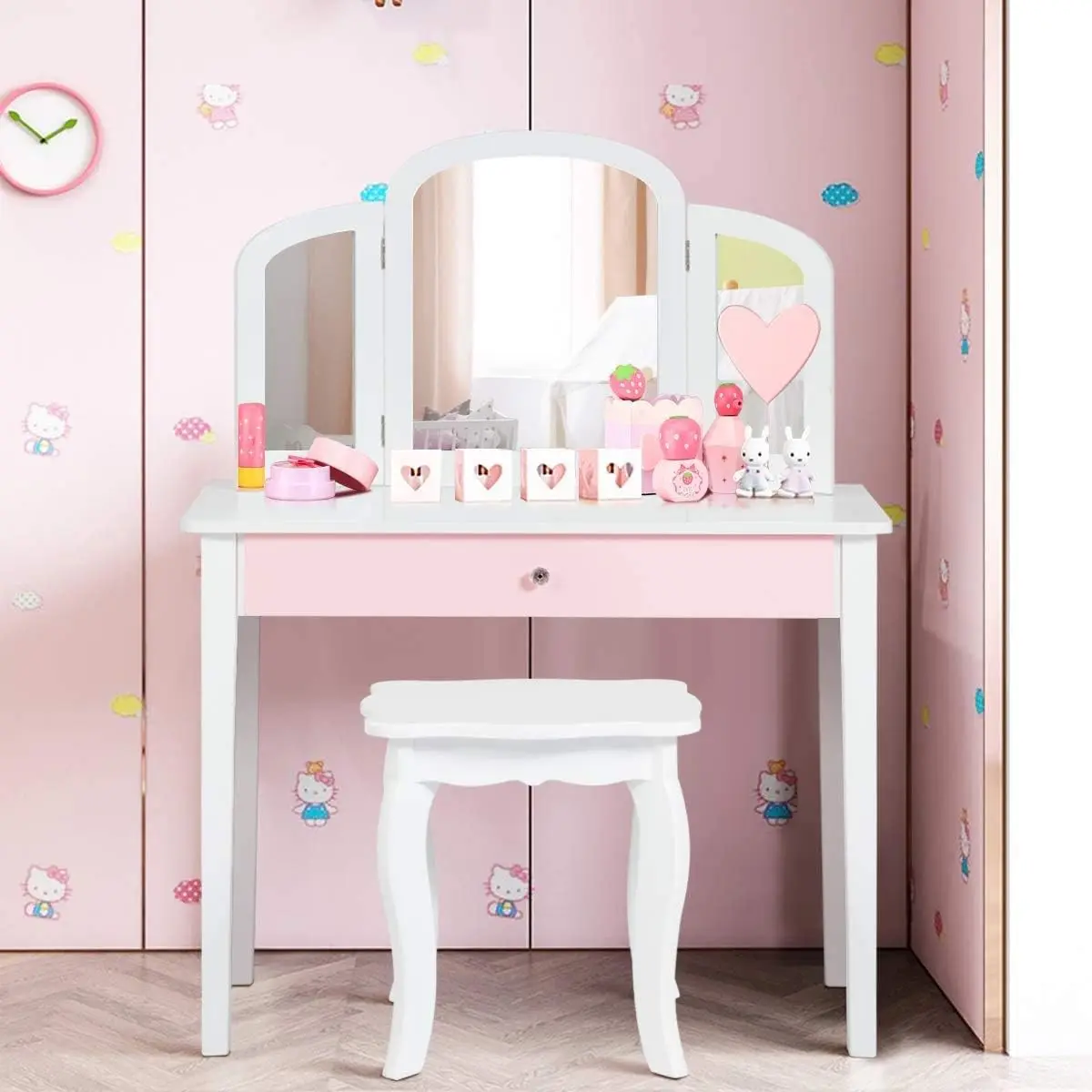 Kids Vanity Table, 2-in-1 Vanity Set with Detachable Top Princess Makeup Dressing Table with Drawer & Tri-Folding Mirror