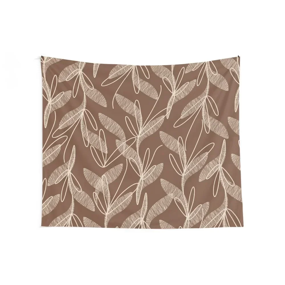 Etched Leaves Floral Botanical Pattern in Chocolate Brown and Cream Tapestry Aesthetic Room Decors Decoration Wall Tapestry