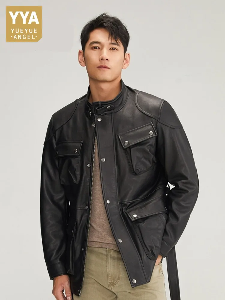 Mens Cowhide Genuine Leather Jacket Stand Collar Multi Pocket Hunting Coat Slim Fit Long Sleeve Vintage Male Motorcycle Jackets