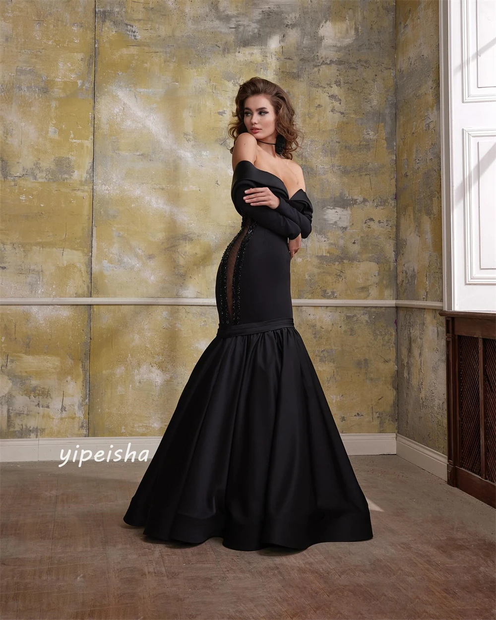 Exquisite Sparkle Customized Jersey Beading Draped Pleat Beach Mermaid Off-the-shoulder Bespoke Occasion Gown Long Dresses