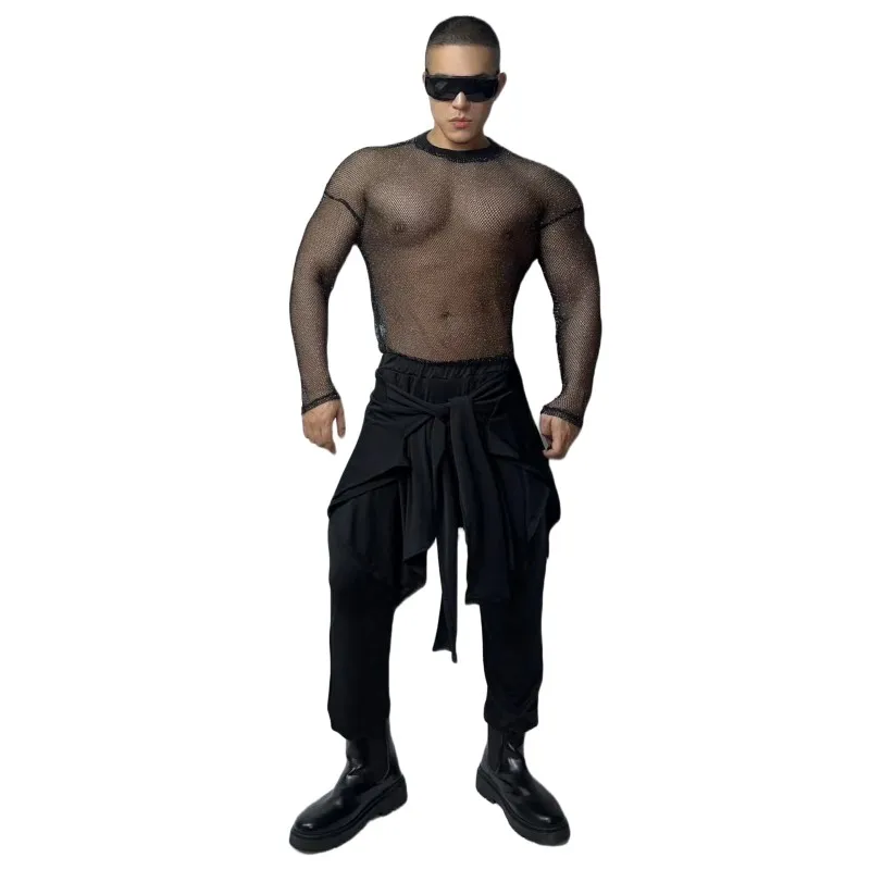 일본 스타일 바 나이트 클럽 댄스 의상 남성 DJ 가수 공연 무대 착용 블랙 탄성 스키니 탑 하렘 바지 세트