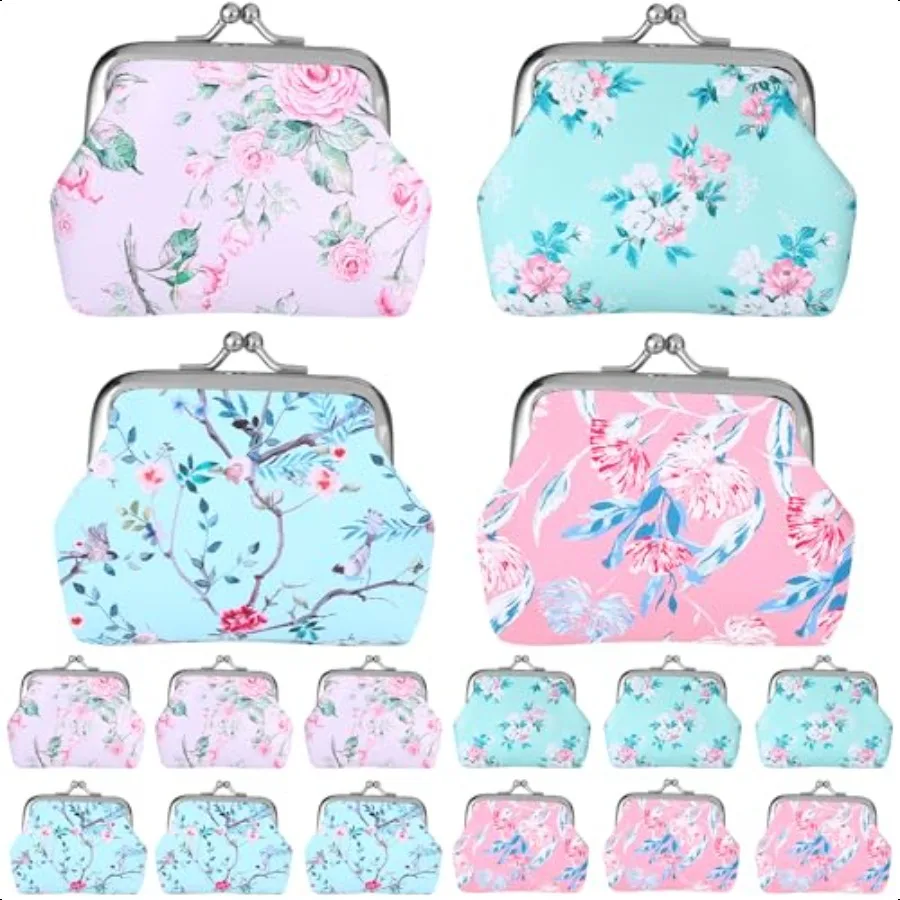 

16 Pcs Canvas Floral Buckle Coin Purses Kiss Lock Change Purses Bulk Rose Flower Wallet for Women 4 x 3 Inch