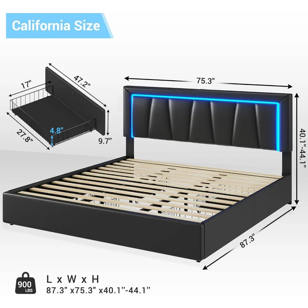 King Bed Frame with 4 Storage Drawers & Led Lights, California King with USB Ports & Headboard ,Easy Assemble,Storage Bed Frame