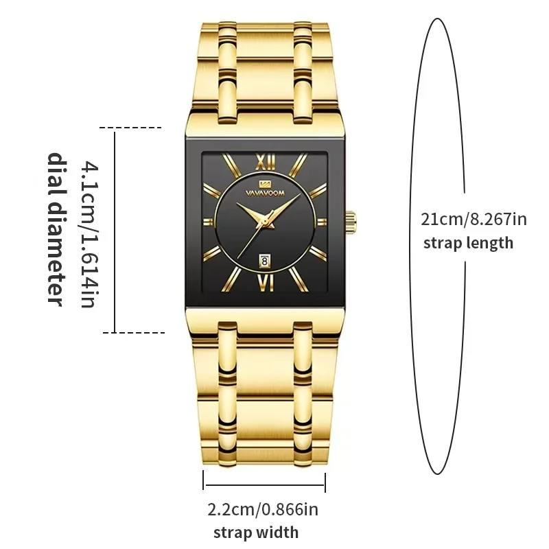 VAVAVOOM Watches for Men Business Luxury Square Black Gold Stainless Steel Quartz Wristwatch Calendar Waterproof Watches for Men