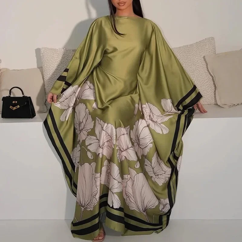 Elegant Shawl Sleeve Party Dress Elegant O-neck Pattern Print Loose Robe Dress Women Fashion Hight Waist Satin Long Dress