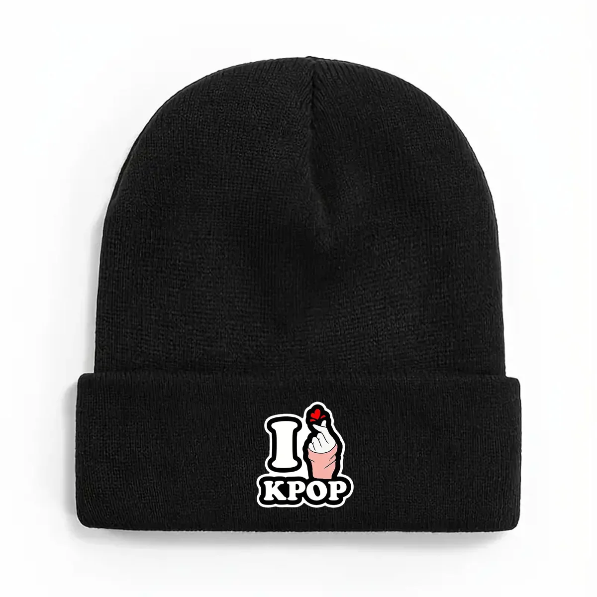 KPOP Theme Classic Women's Warm Winter Hat Creative Hand Heart Gesture Pattern Printed Acrylic Cuffed Flannel Hat