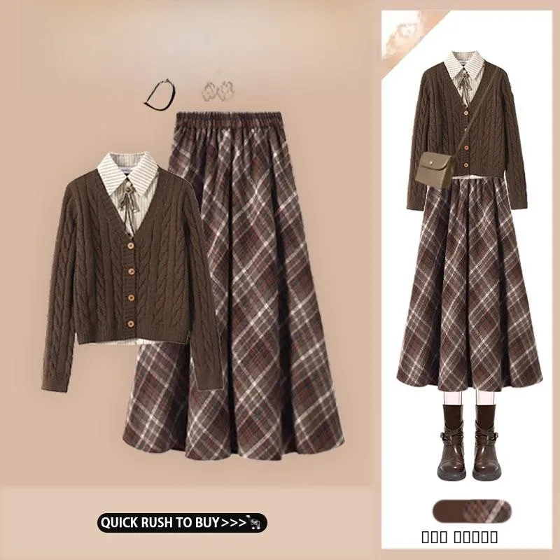 

Autumn Preppy Style Women's Knitted Sweater And Plaid Skirt Set Long Sleeve V-Neck Casual Versatile Fashion Outfit Combo