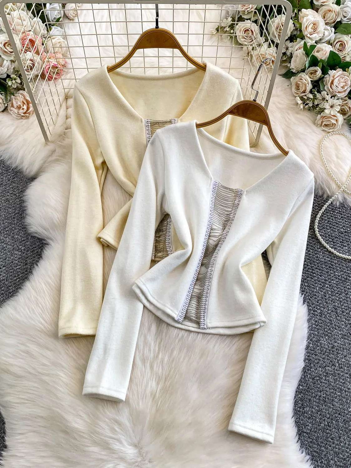 

Sexy Lace Splice Chain round Ne Knitted T-irt Women's Slim Fit Autumn Winter Top High Waist Normal Sve Length Casual