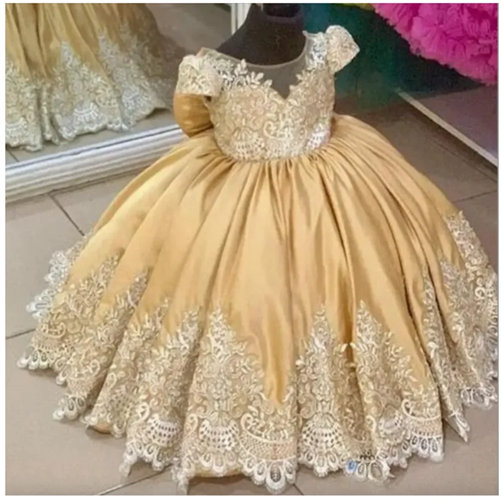 Robe de demoiselle d'honneur dorée pour tout-petit, robe de reconstitution historique de fleurs de mariage, appliques en dentelle, nœud, soirée de communion, fête d'anniversaire