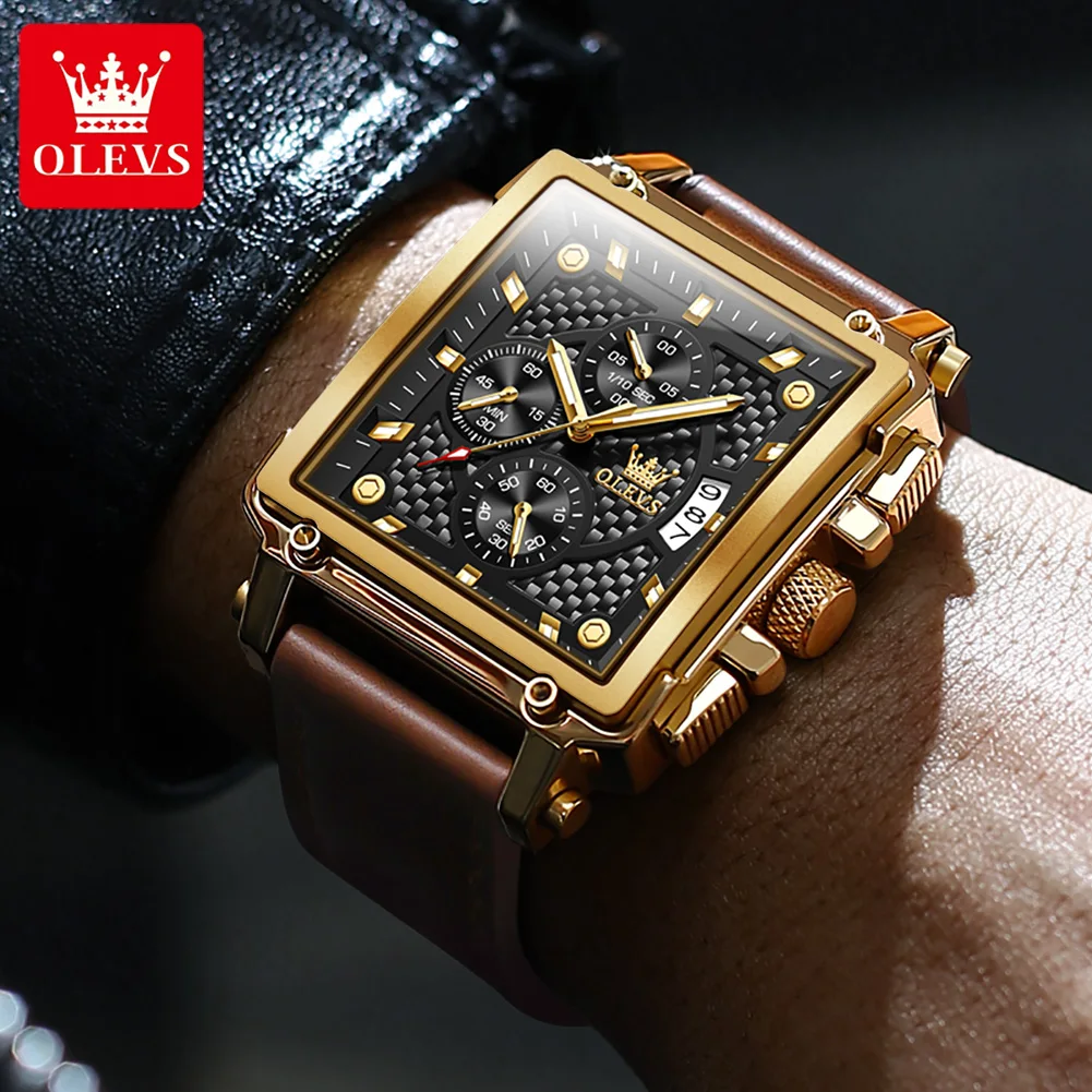 OLEVS Original Square Watches for Men Chronograph Fashion Business Watch Luminous Waterproof Casual Wrist Watches 9925