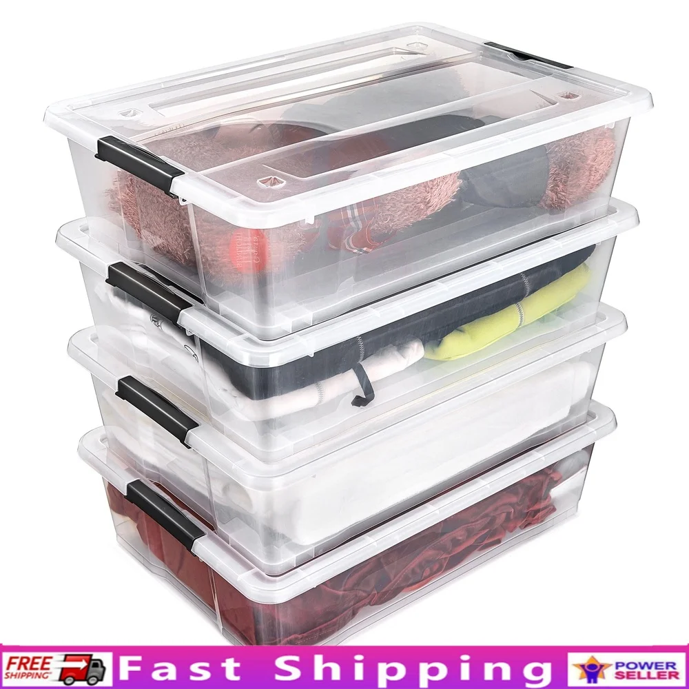 

4 Pack Clear Stackable Storage Bins with Lids Underbed Organizers Clothes Bedding Shoes Seasonal Items and More