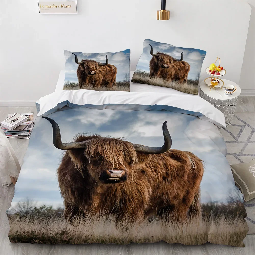 Highland Cow Duvet Cover King/Queen Size, Farm Animal Bull Bedding Set, Funny Cute Herbivores Duvet Cover For Kids Boys Girls