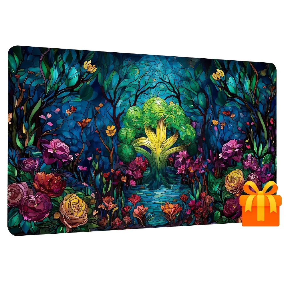 Painted glass forest, trees and flower pattern game mat, compatible with collectible card games, tabletop games,game accessories