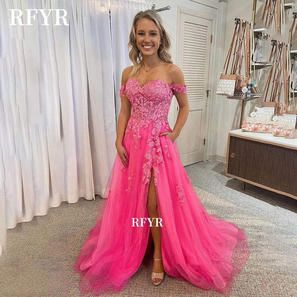

RFYR A Line Prom Dress Off Shoulder Evening Gowns Lace Applique Princess Ball Gown for Women فساتين مناسبة رسمي