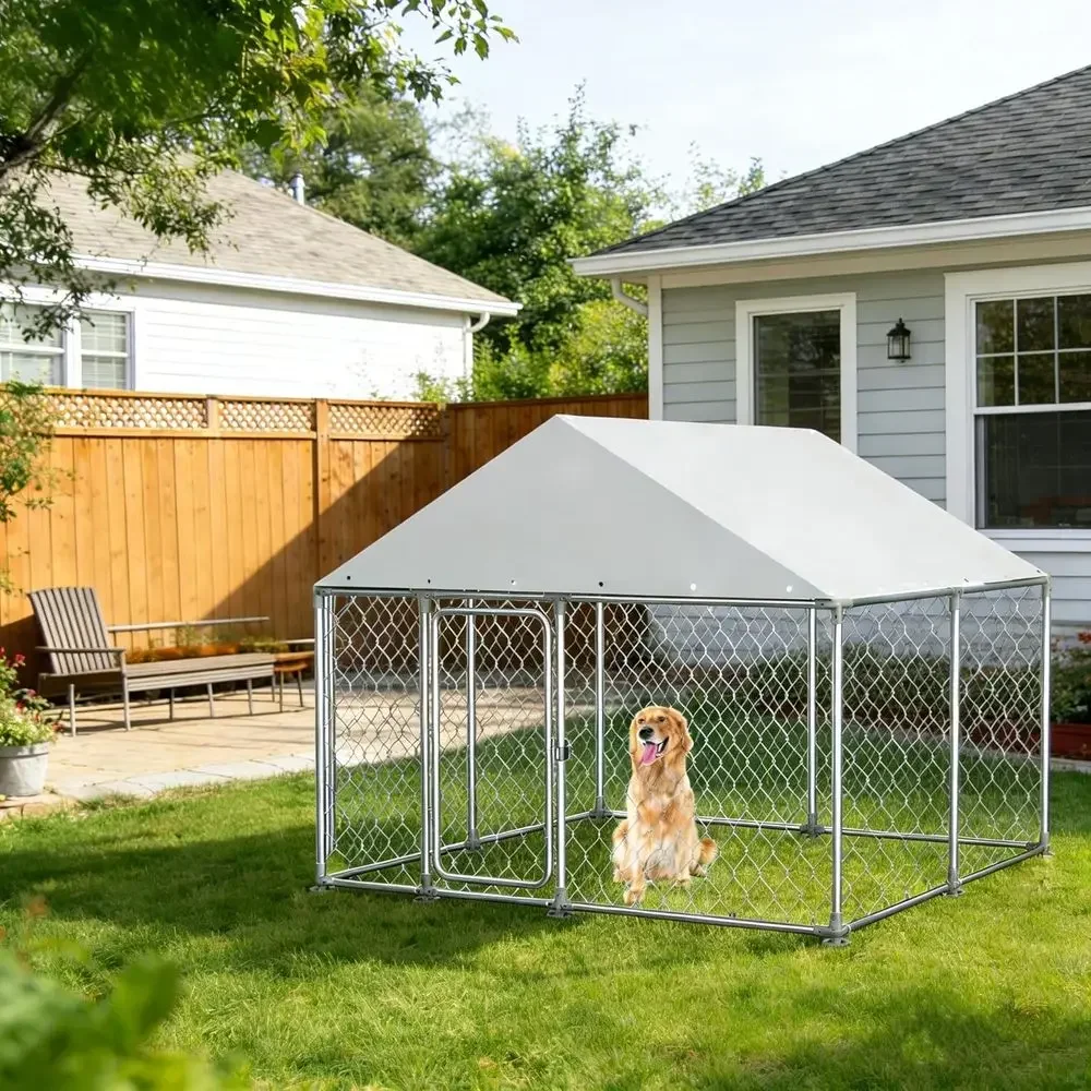 Sturdy 7.5x7.5ft Outdoor Dog Kennel with UV-Protected Roof, Rust-Resistant Mesh, and Security Locks