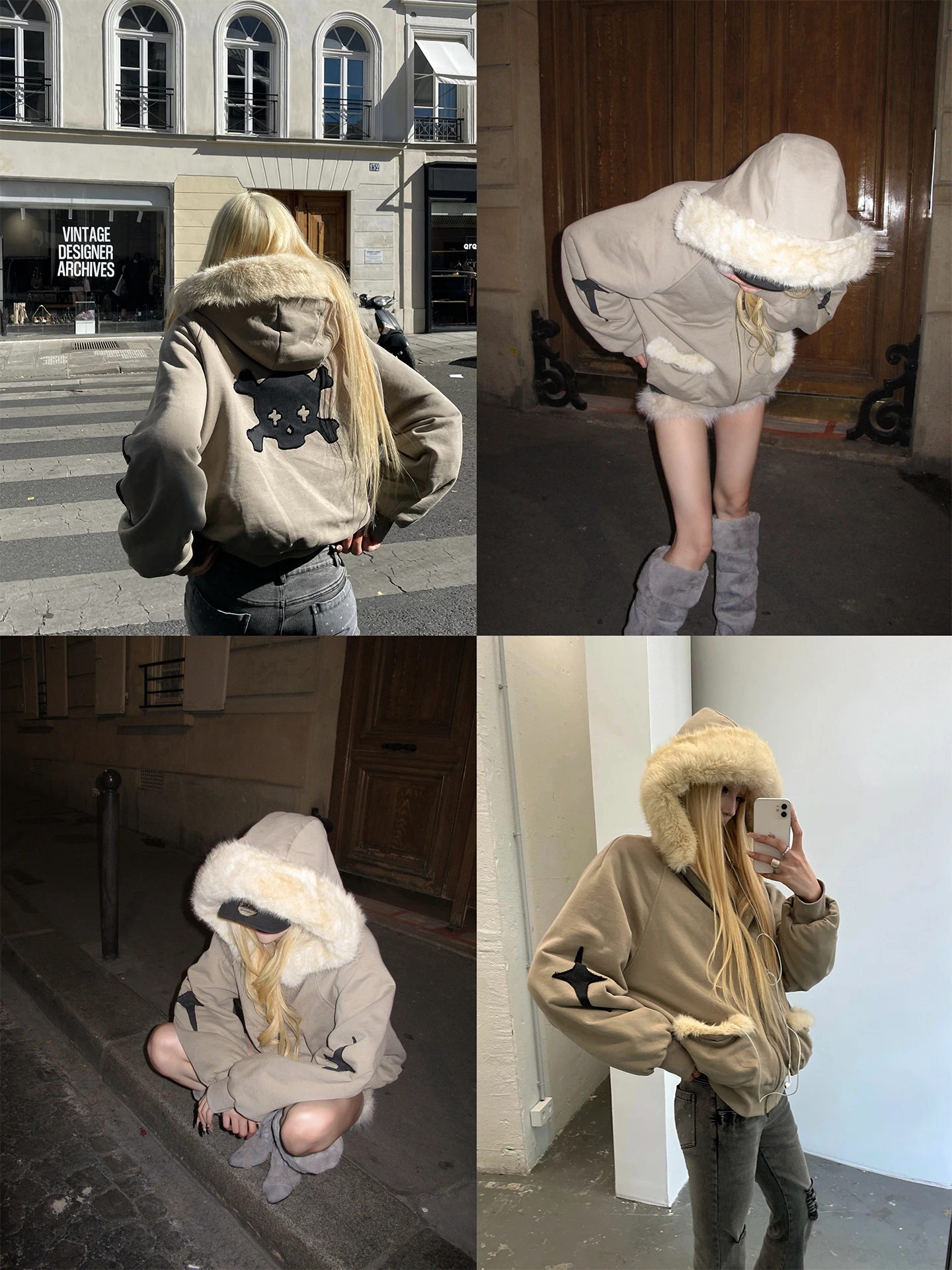 Rase Le Sol Skull Code Patchwork Skull Pattern Hooded Jacket Cotton Inner Linen Women's Casual Style Long Sleeve Coat