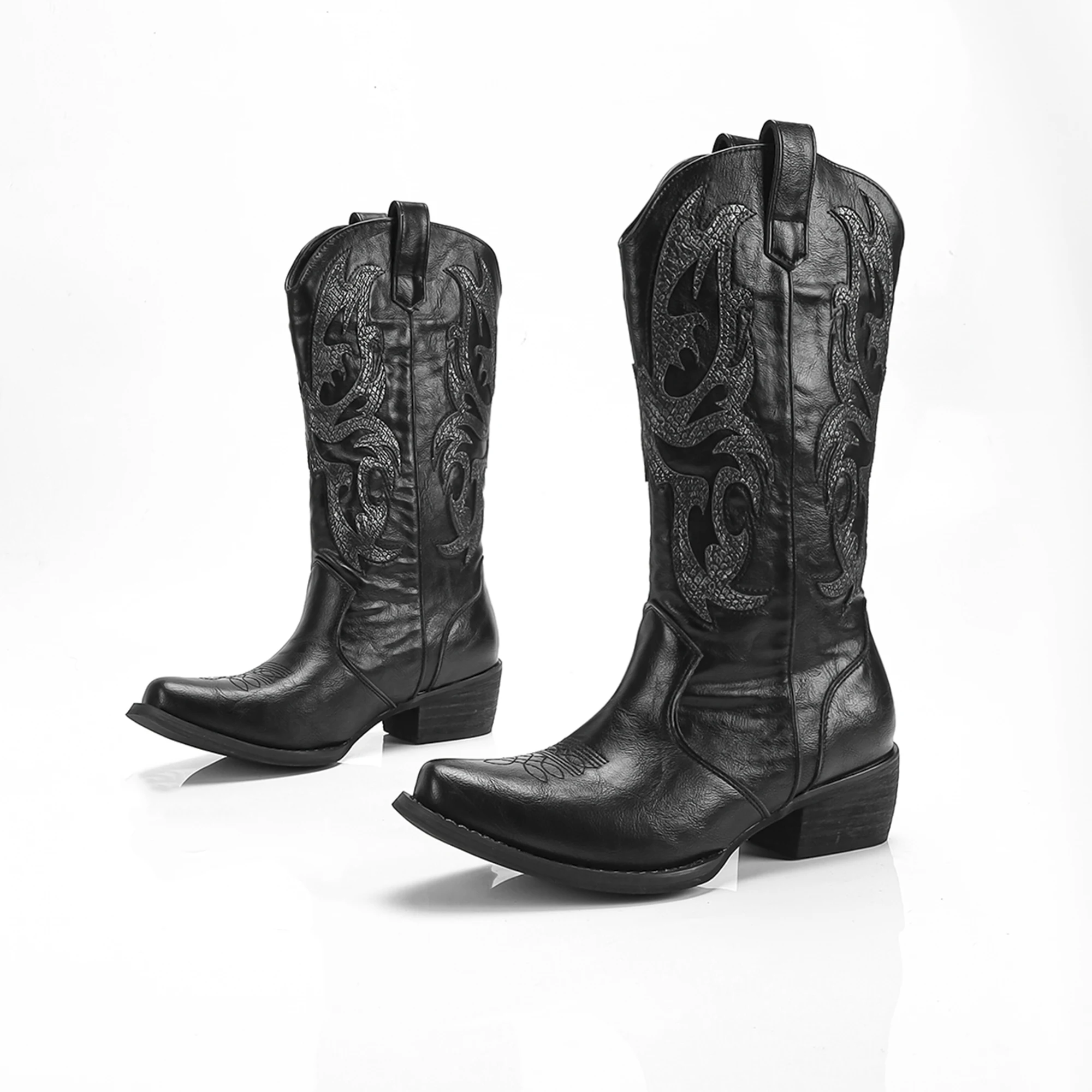 スケール ウエスタン ブーツ 刺繍 ウエスタン カウボーイ ブーツ スクエアトゥ 太いヒール ミッドカーフ ノーニー ナイト ブーツ