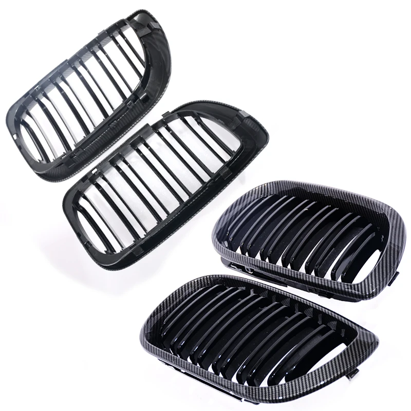 For BMW 3 Series E46 4Door LCI 2002-2005 Double Slat Kidney Grille Gloss Black Matte Carbon M-Color Silver Frame Front Grill