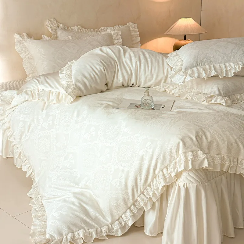 Class A Washed Silk Jacquard Bed Cover Four-piece Set Summer Cold Silk Cool Lace Quilt Cover Bed Sheet Pillowcase Bedding Set