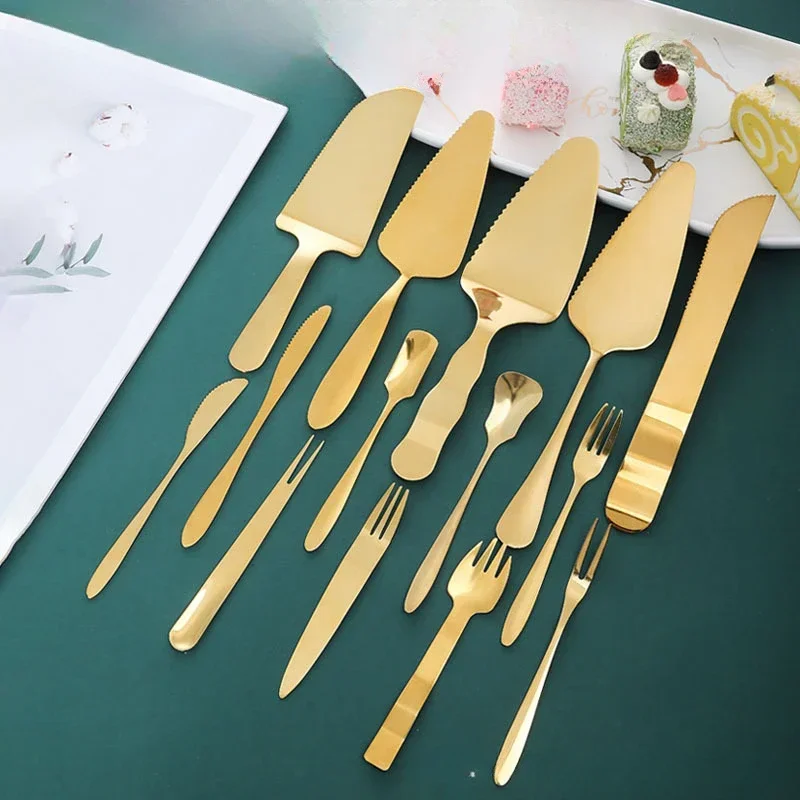 Golden Cake Spatula Stainless Steel Cake Knife, Fork and Spoon Set Mooncake Dessert Spoon Western Pastry Baking Tools