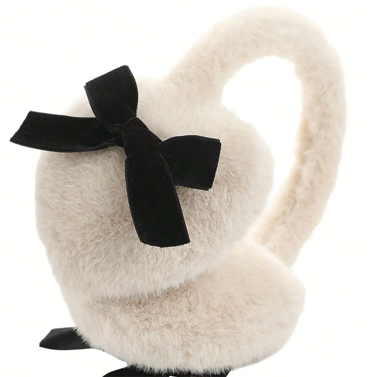 Women Solid Color With Black Bow Fluffy Cute Heart shaped Ear Warmer Earmuffs, ldeal For Winter