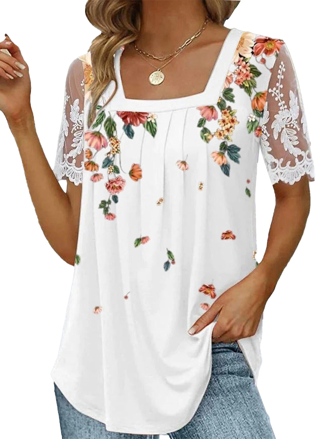 Tops florais de renda estampados para mulheres, manga curta, colarinho quadrado, plus size