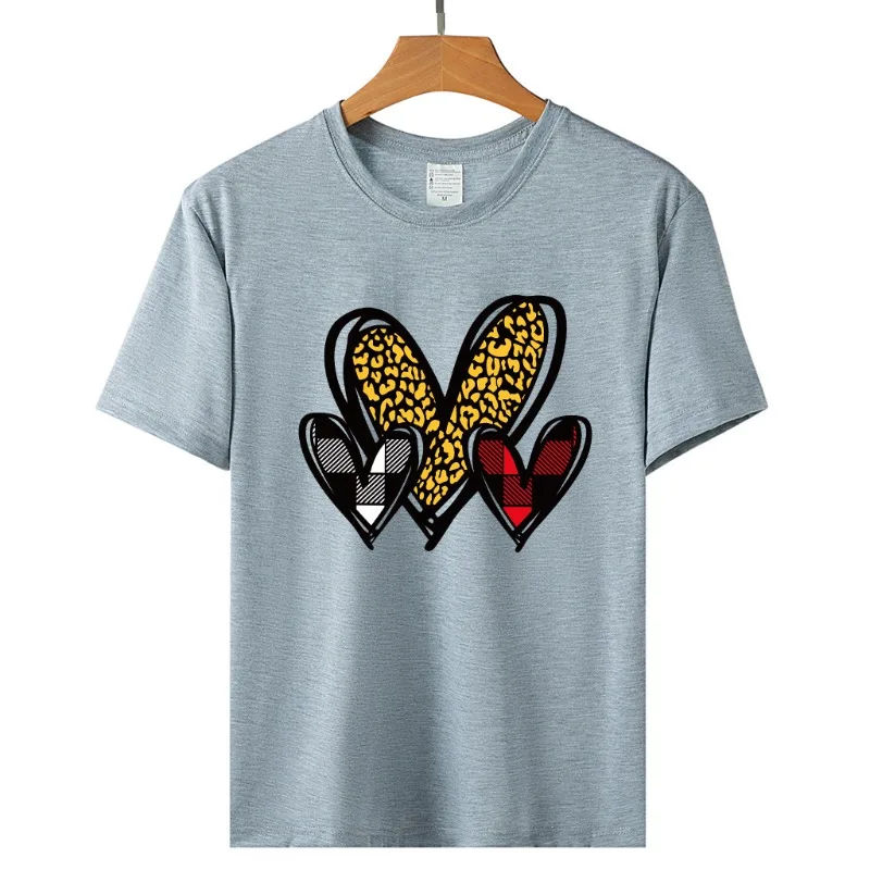 Baumwolle 100 % Valentinstag Neues Produkt: Kurzarm-Damen-T-Shirt mit kariertem Herz-Print und Rundhalsausschnitt mit Leopardenmuster