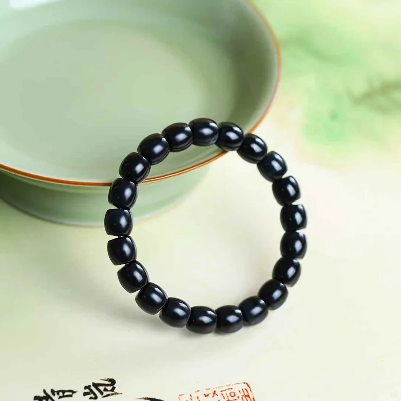 Natural Hetian Sheep Fat Grade Ink Jade Old Material Plain Beads Straight Cut Bracelet With Certificate