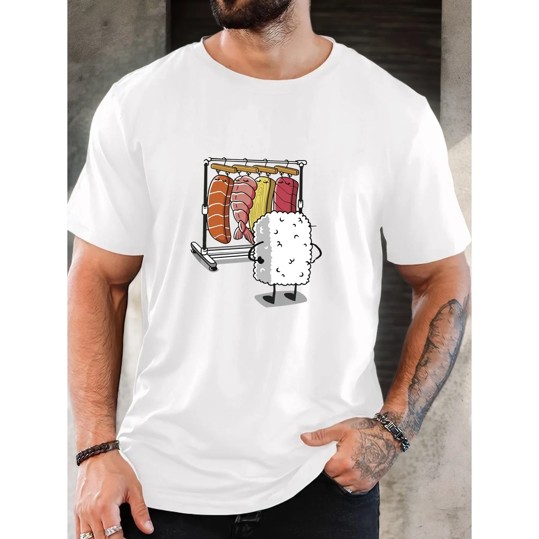 Camiseta de algodón para hombre con gráfico divertido de un hombre con arroz de sushi que elige los ingredientes, camiseta informal para el día a día