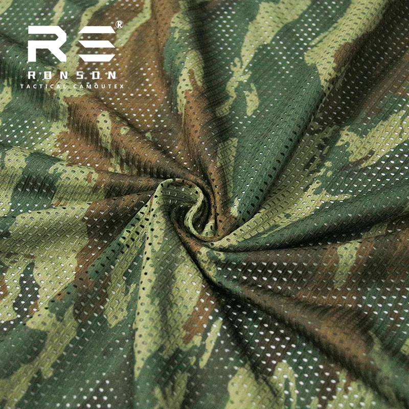 Greece Lizard Camouflage Printed Polyester Mesh Fabric 120gsm Light Weight Fabric Tactical Tricot Fabric Mesh for Tactical Mask