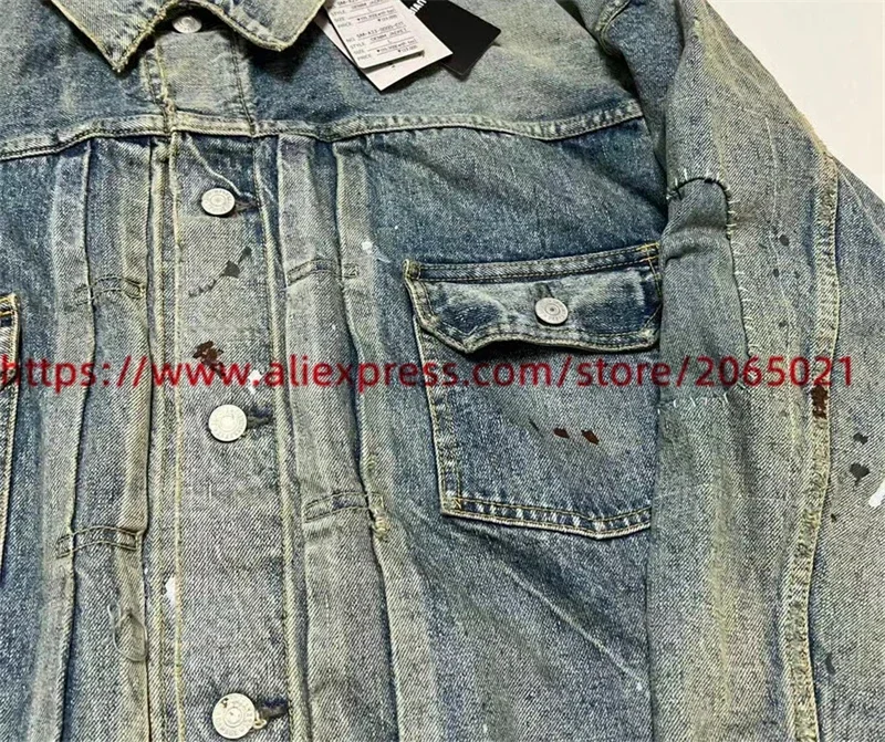 Washed SAINT DAMAGE Denim Work Jacket Jeans Men Women Best Quality Make Old Blue Heavy Fabric Coat