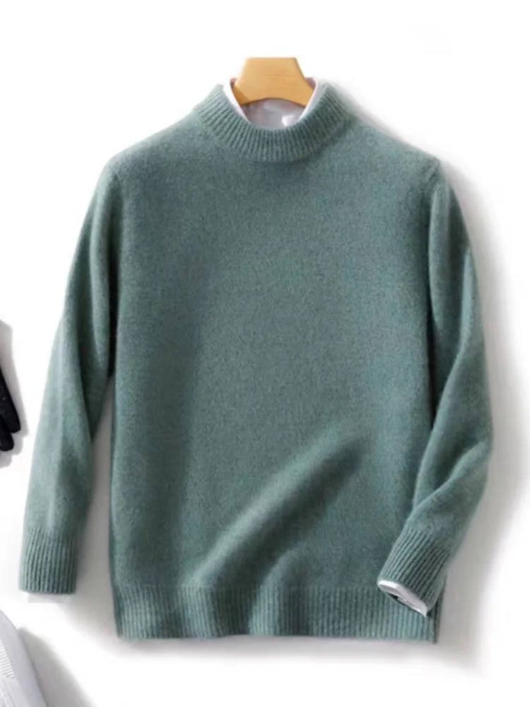 Autumn Winter Men's Wool Pullover Mock Neck Long Sleeve Cashmere Sweater Basic Thick Clothing 100% Merino Wool Knitwear Tops